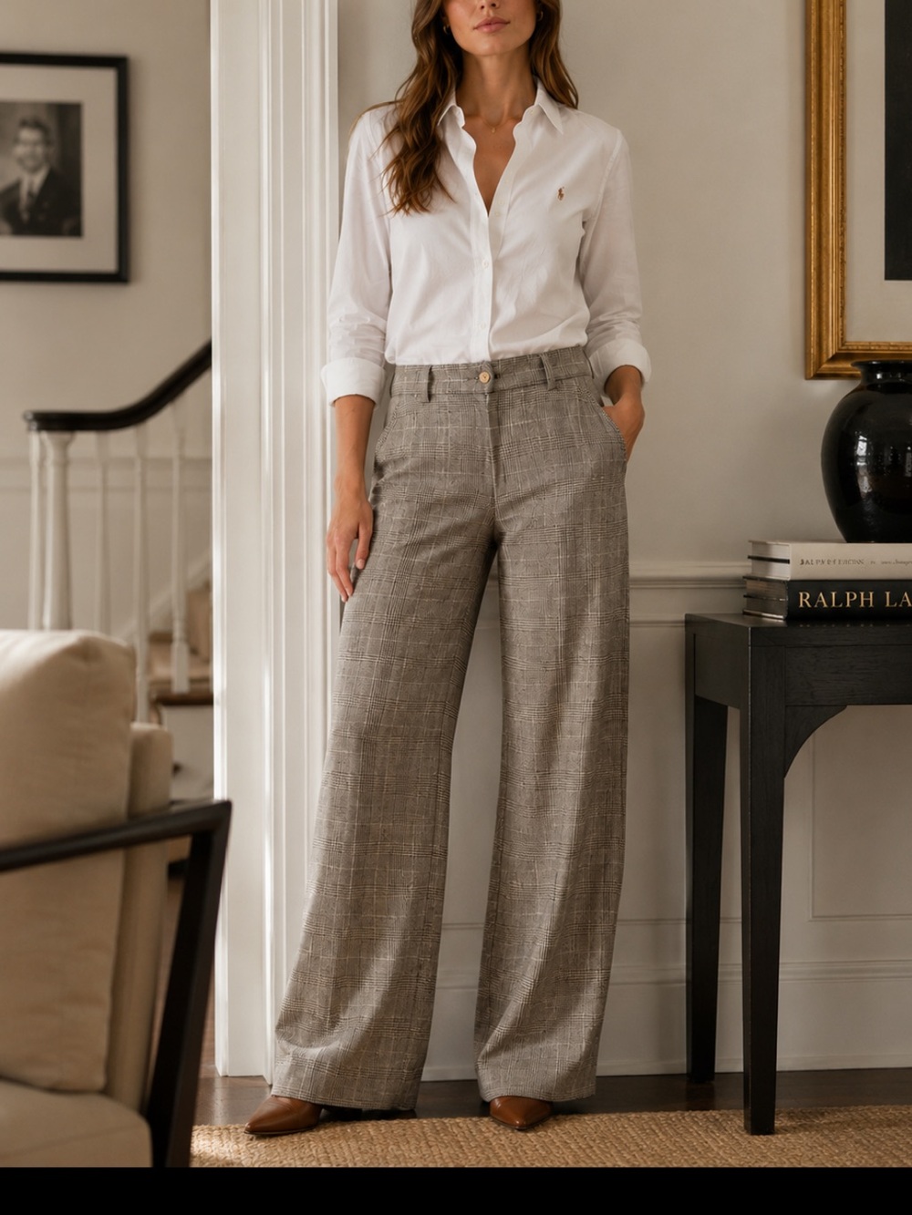Ralph Lauren Taupe Plaid Wide-Leg Trousers